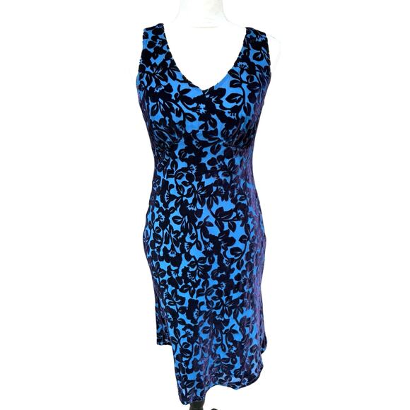 Vintage Laura Ashley Blue V Neck Sleeveless Velvet Floral Overlay Dress - 6 - Picture 2 of 9